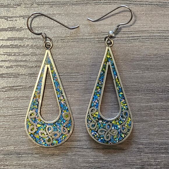 Vintage Mexican Silver Teardrop Dangle Earrings with Crushed Stone Inlay - Picture 1 of 7